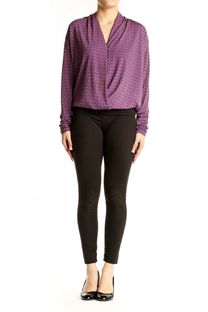 Front view of MICHAEL Michael Kors purple geometric print wrap blouse