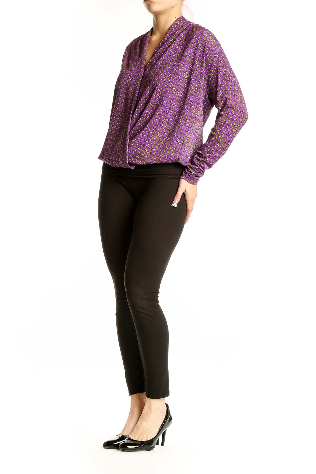 Front view of MICHAEL Michael Kors purple geometric print wrap blouse