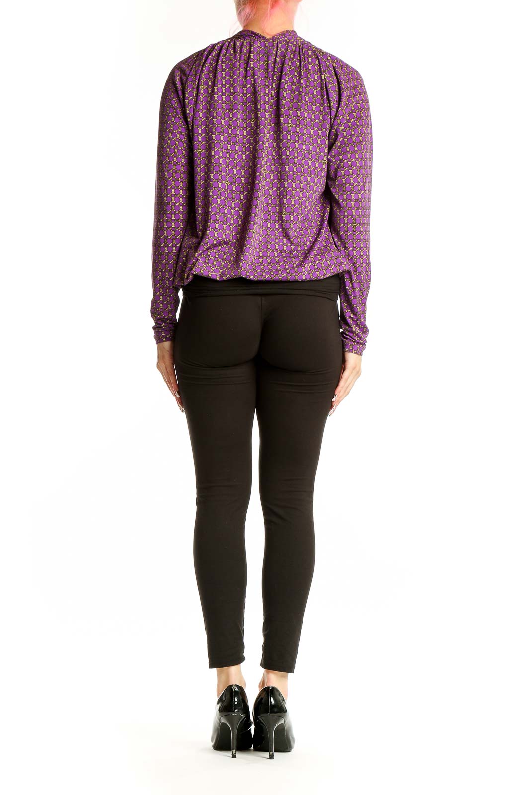 Back view of MICHAEL Michael Kors purple geometric print wrap blouse
