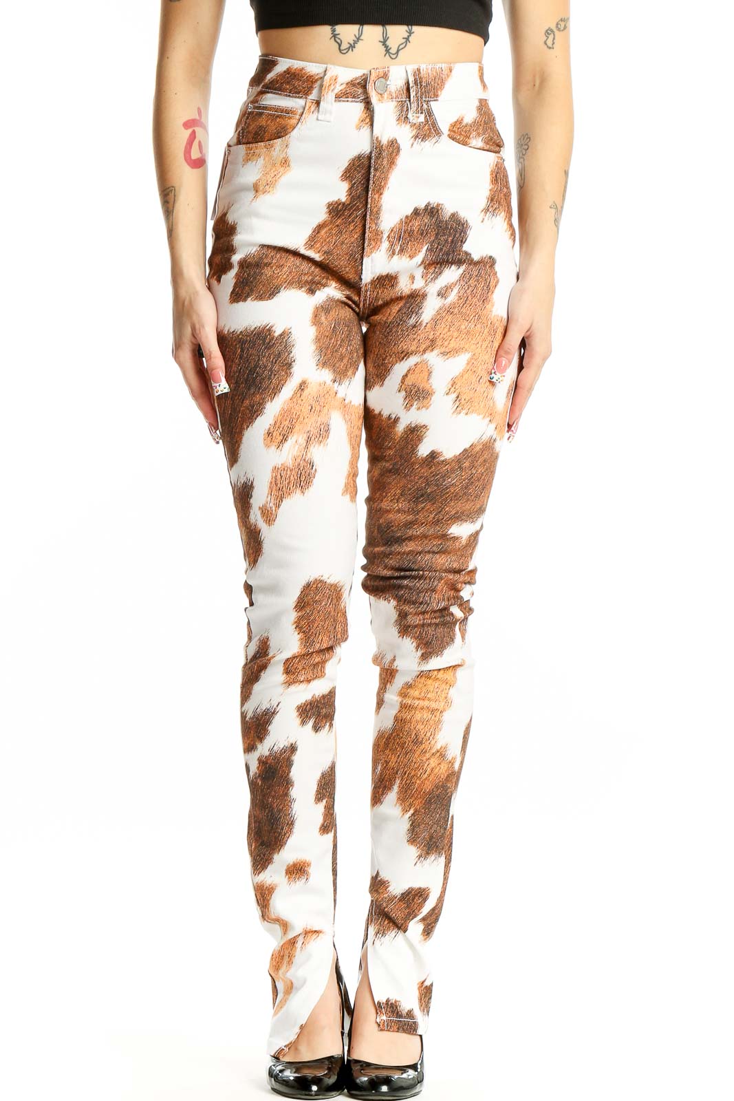 Front view of WEWOREWHAT Brown and White Cow Print High-Waisted Pants