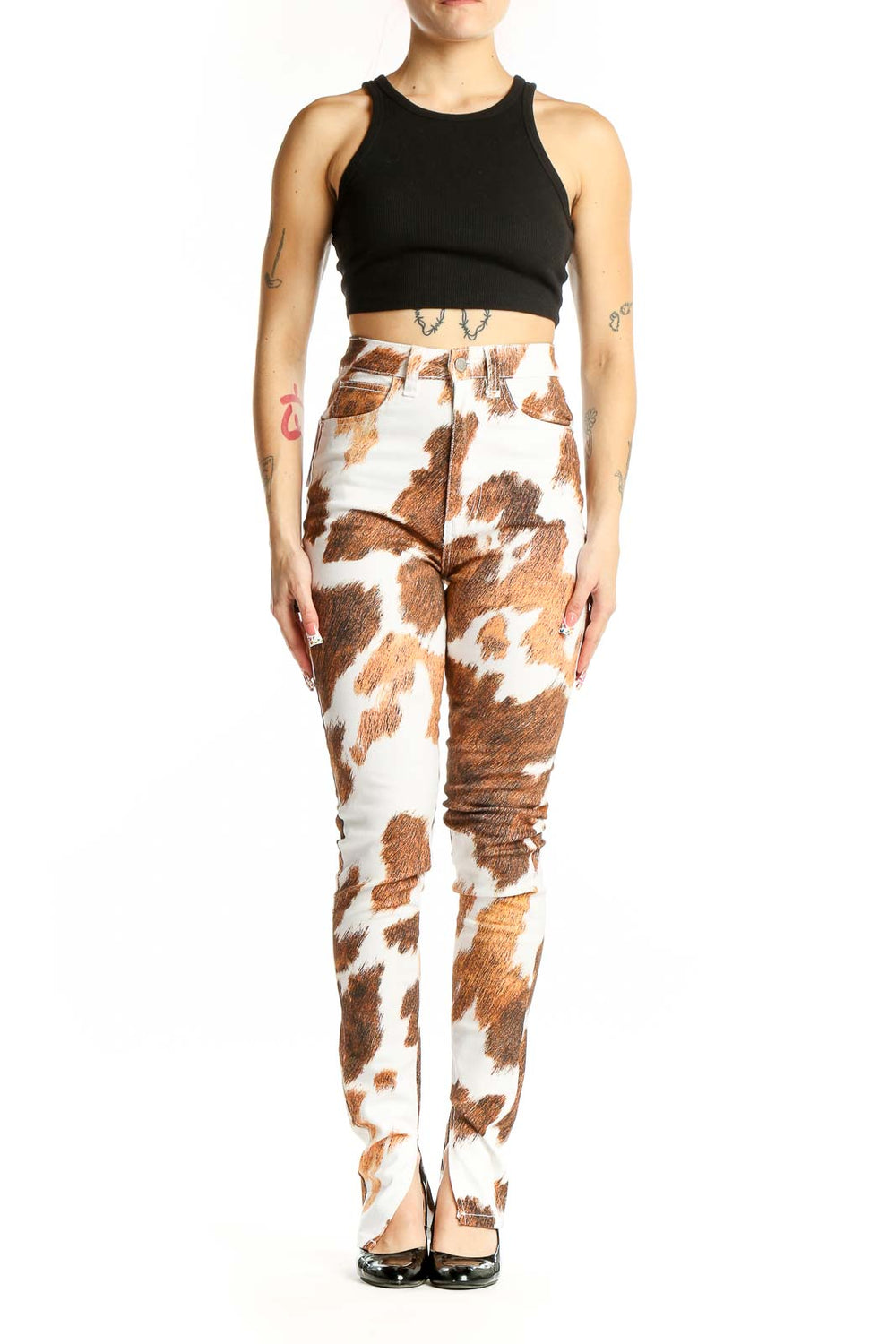 Front view of WEWOREWHAT Brown and White Cow Print High-Waisted Pants
