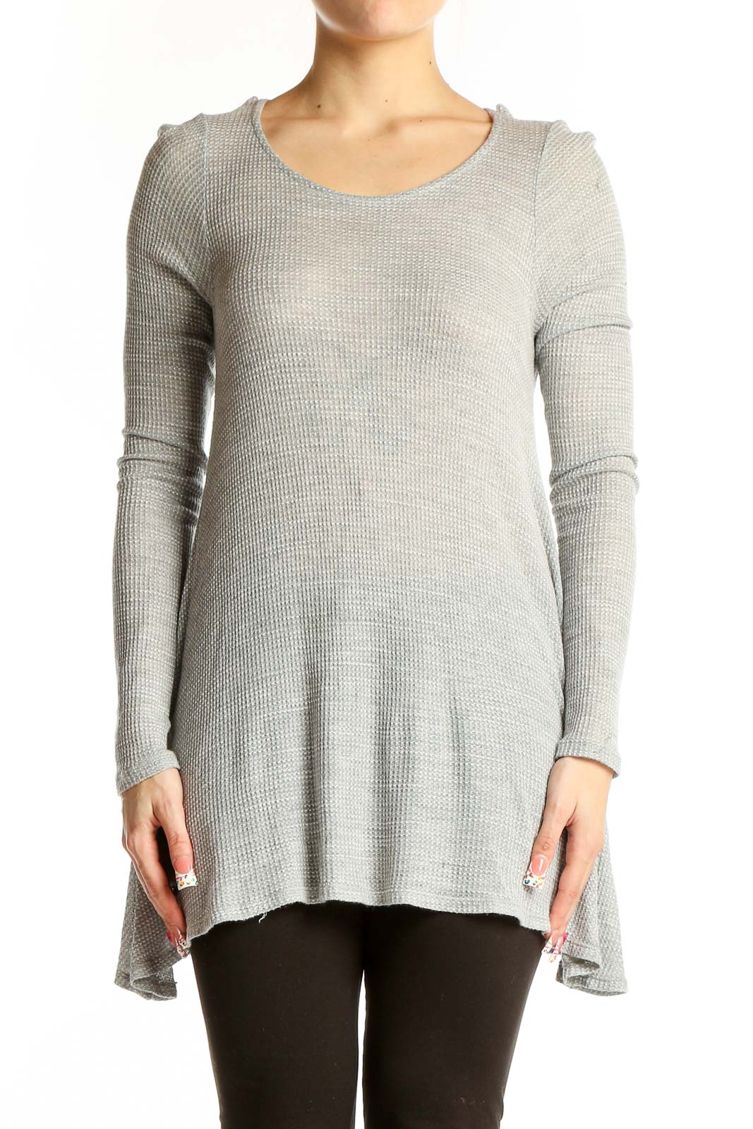 Front view of gray Puella long sleeve tunic top with asymmetrical hem