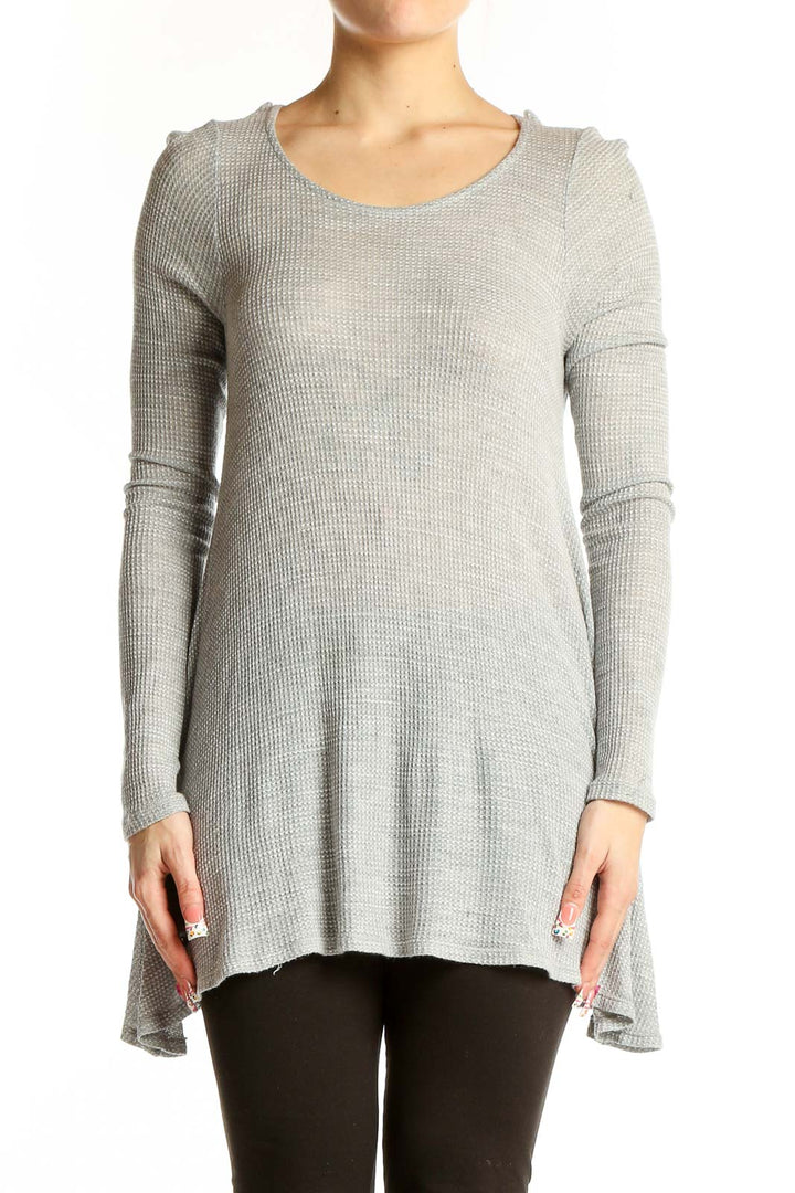 Front view of gray Puella long sleeve tunic top with asymmetrical hem