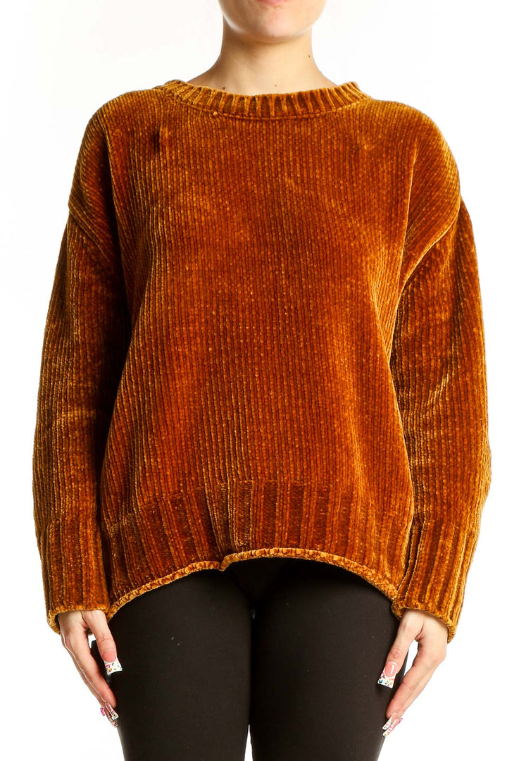 Front view of Max Studio rust ribbed velvet oversized sweater