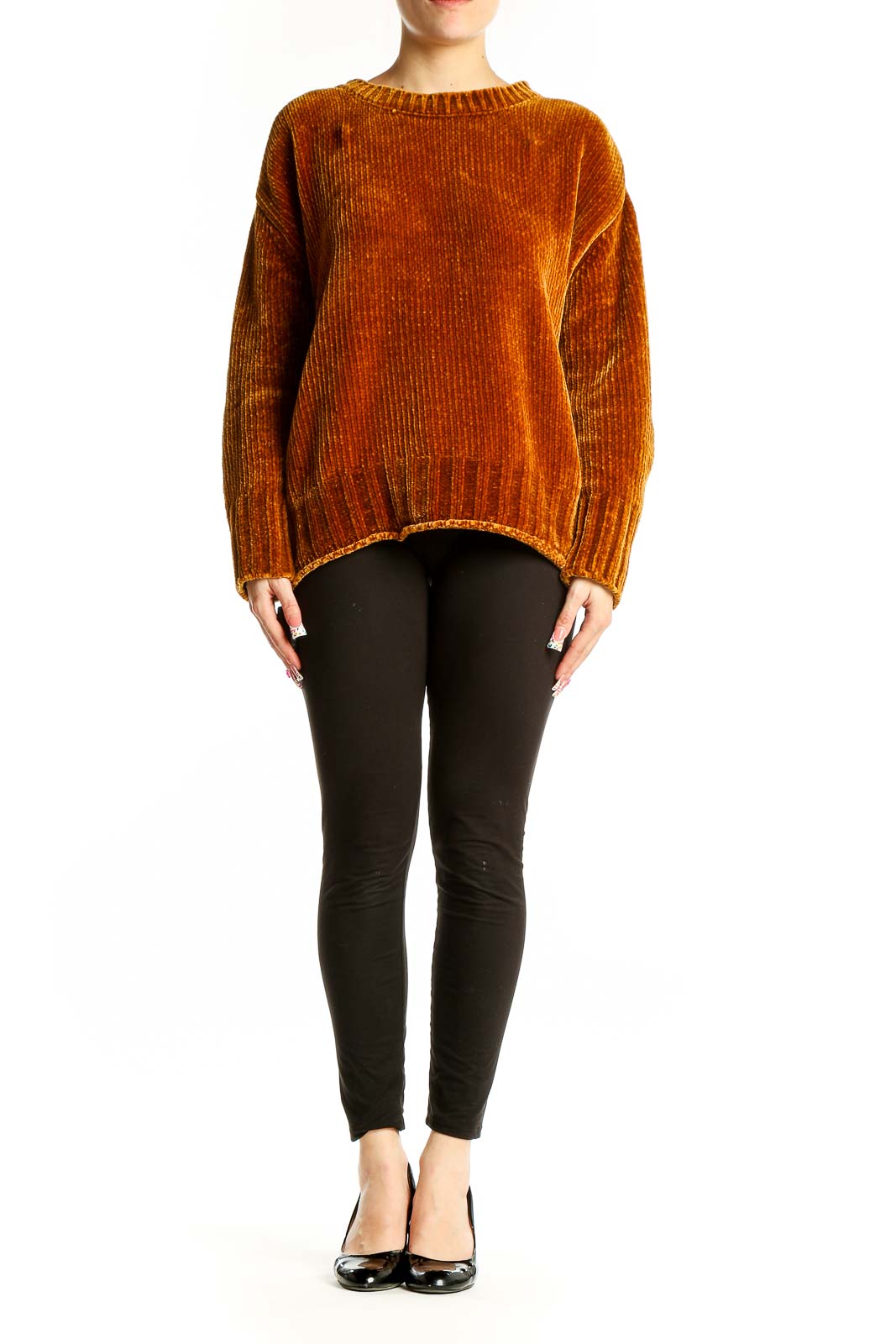 Front view of Max Studio rust ribbed velvet oversized sweater