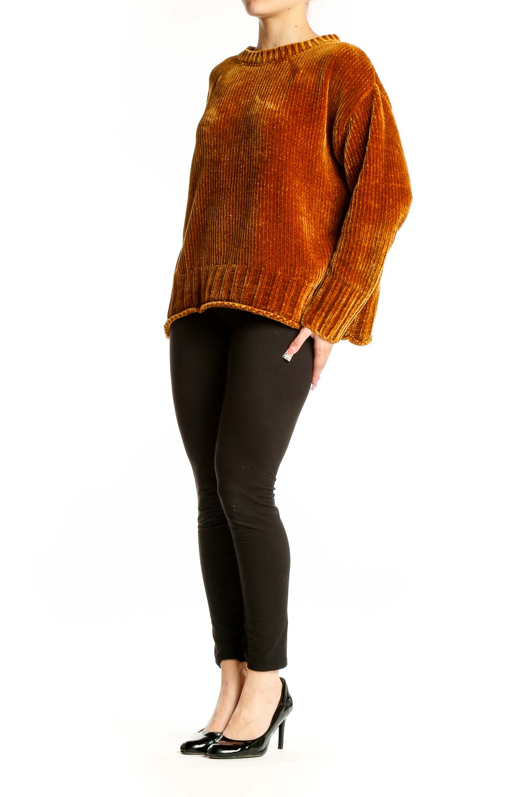 Front view of Max Studio rust ribbed velvet oversized sweater