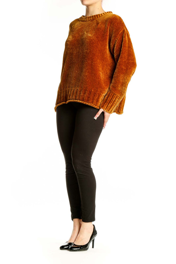 Front view of Max Studio rust ribbed velvet oversized sweater