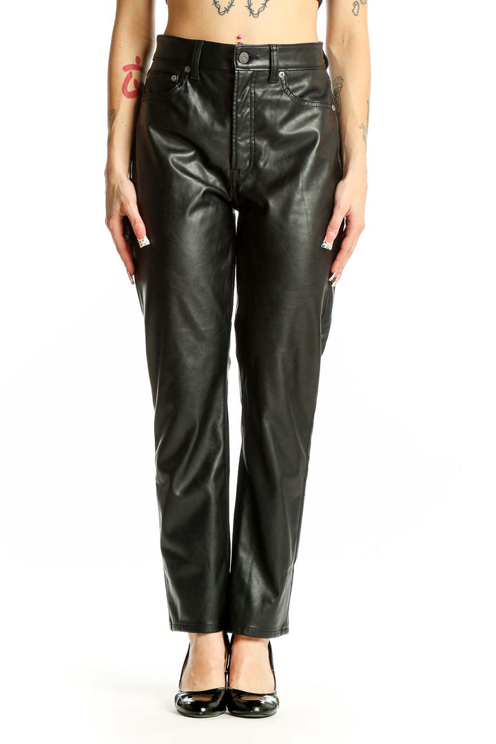 Front view of Gap black faux leather straight-leg pants