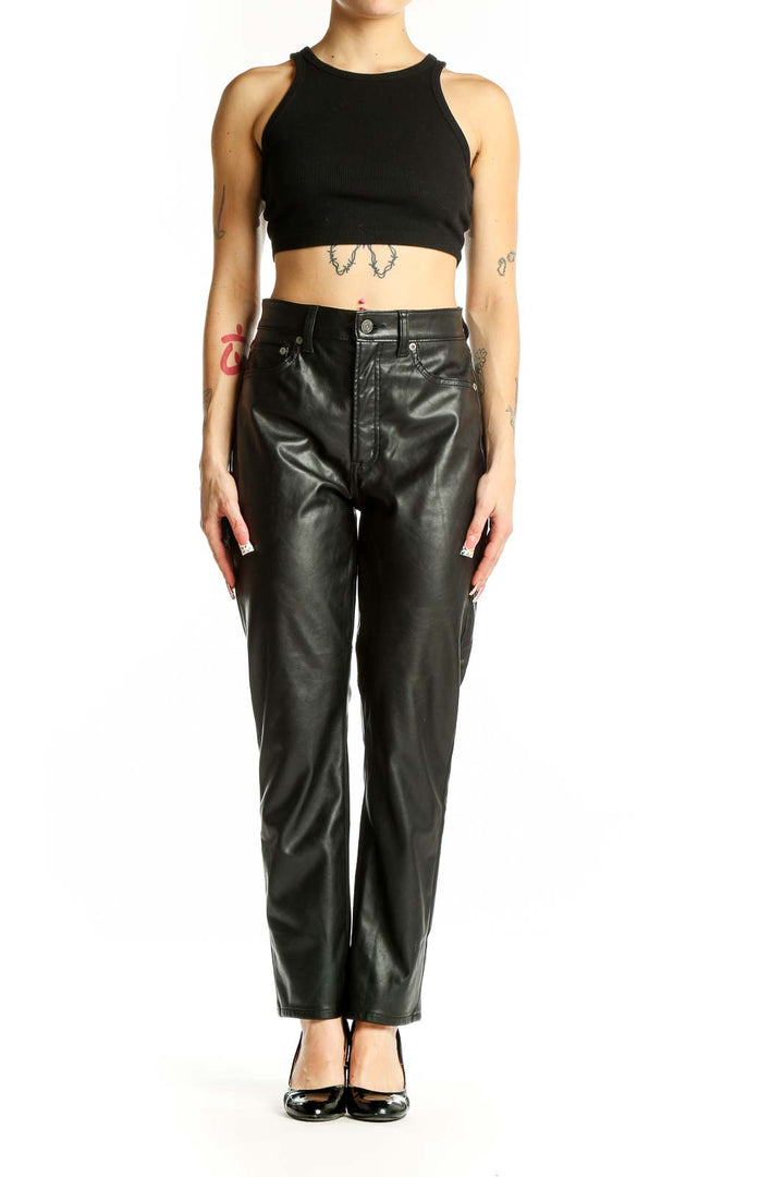 Front view of Gap black faux leather straight-leg pants