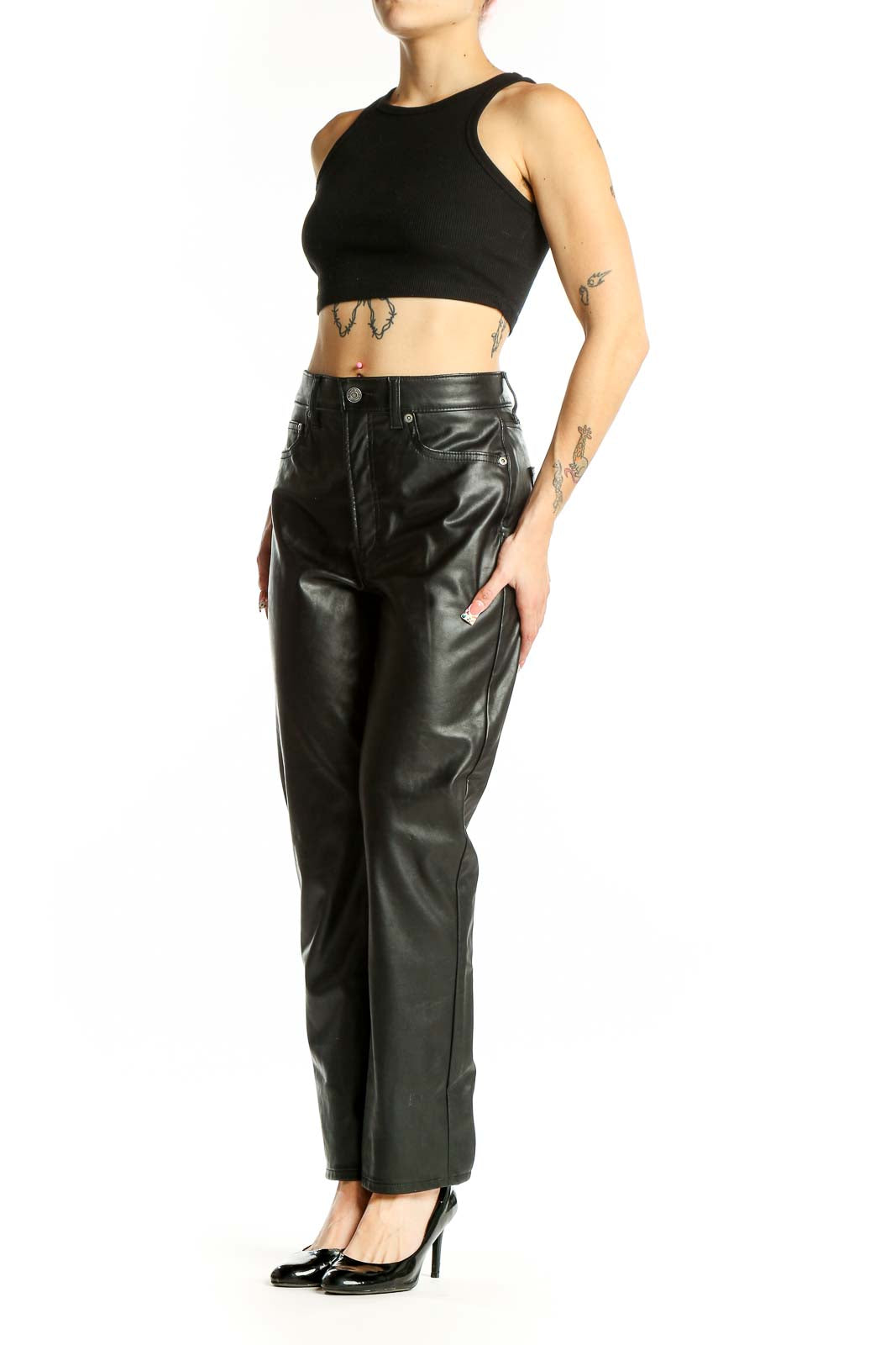 Front view of Gap black faux leather straight-leg pants