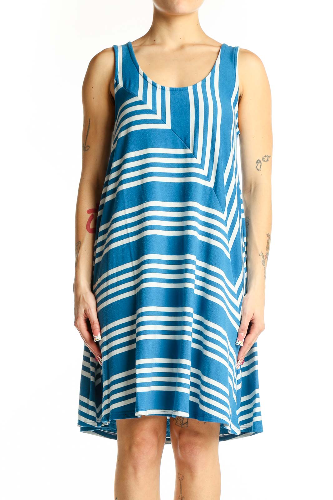 Front view of Puella blue and white striped sleeveless A-line dress