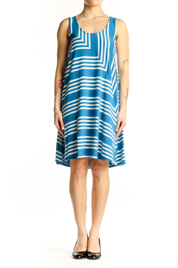 Front view of Puella blue and white striped sleeveless A-line dress