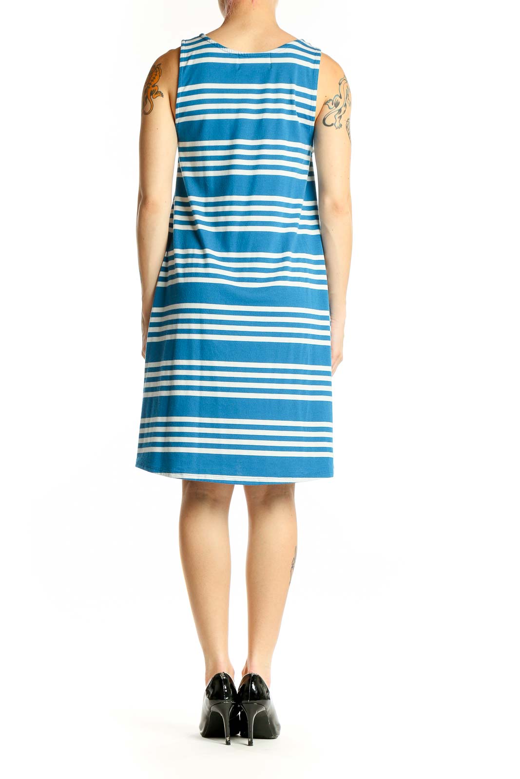 Side view of Puella blue and white striped sleeveless A-line dress