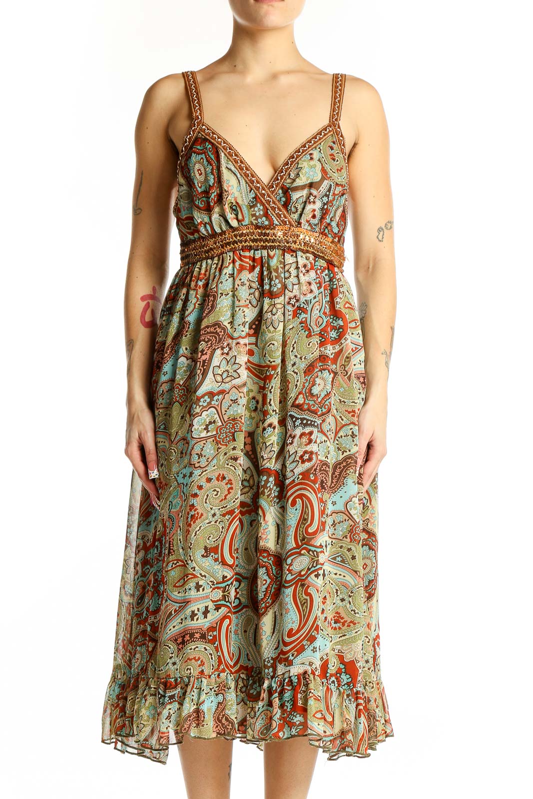 Front view of Y Apparel green paisley floral midi dress with braided straps