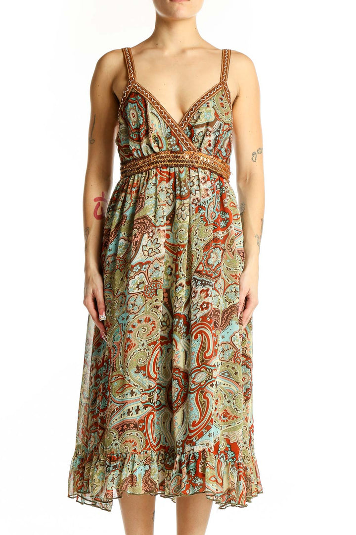 Front view of Y Apparel green paisley floral midi dress with braided straps