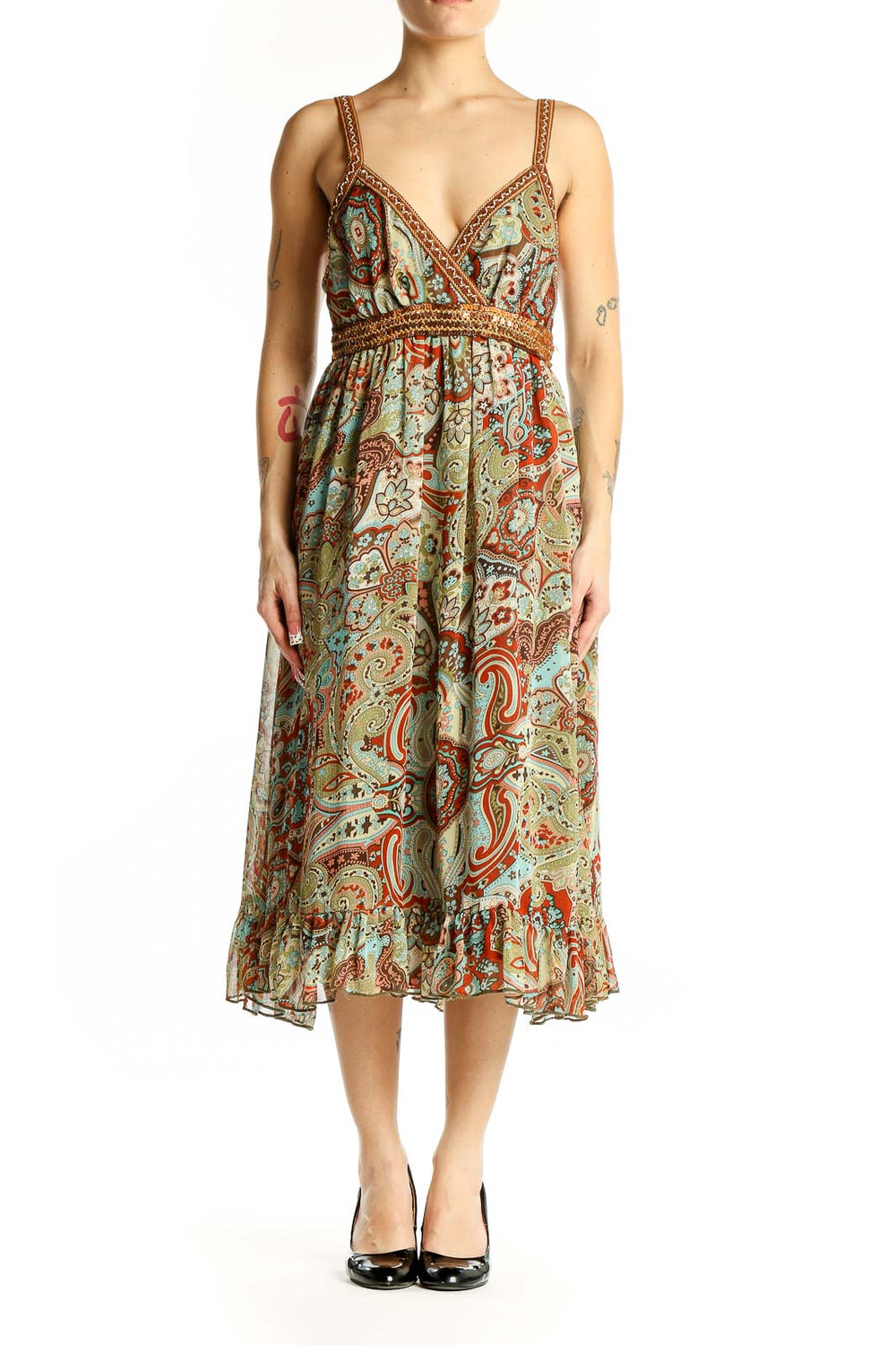 Front view of Y Apparel green paisley floral midi dress with braided straps