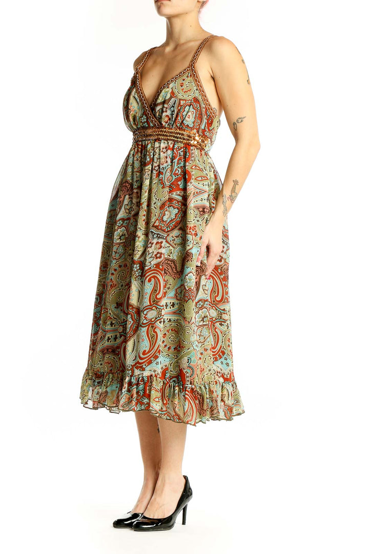 Front view of Y Apparel green paisley floral midi dress with braided straps