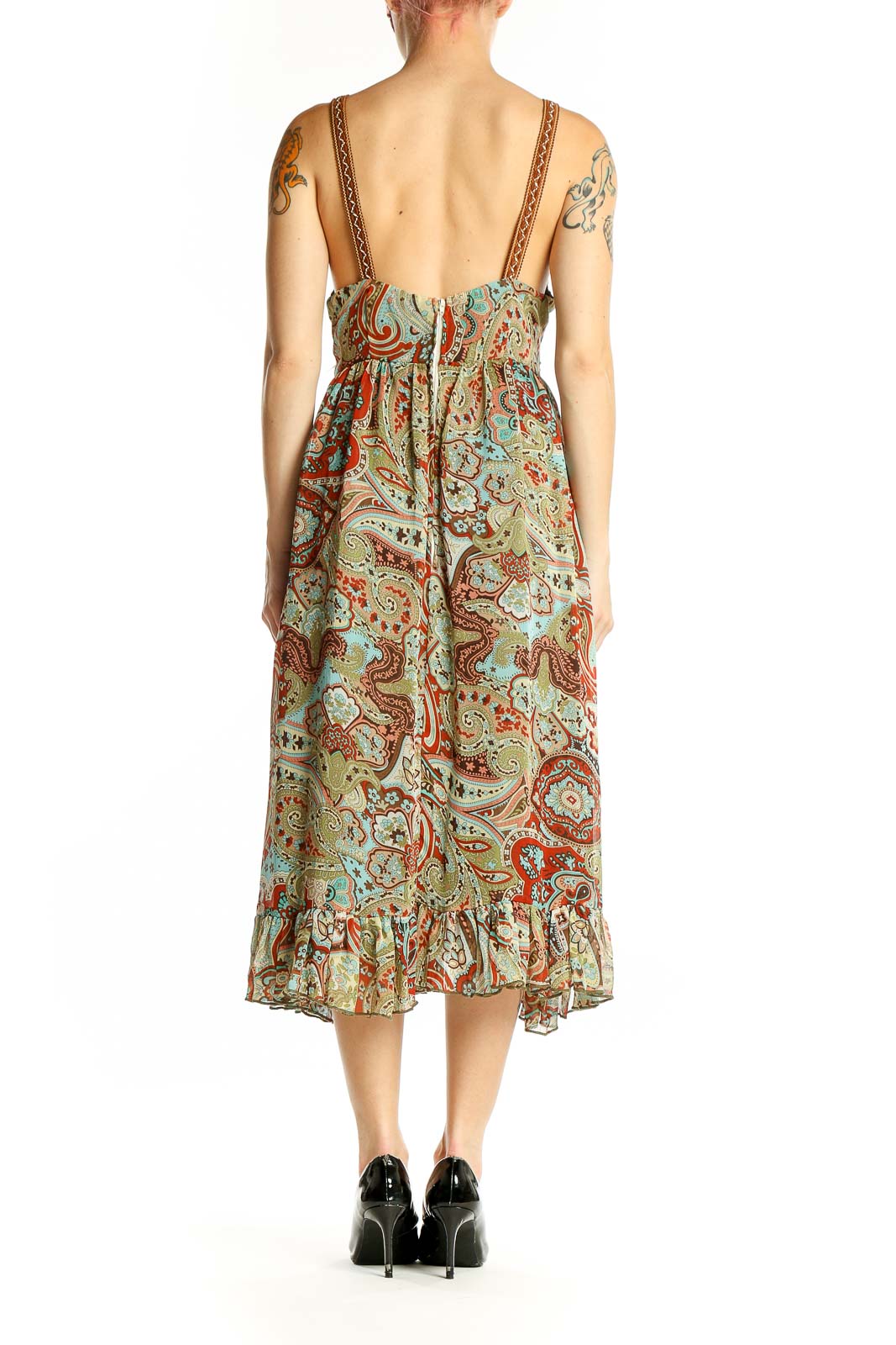 Back view of Y Apparel green paisley floral midi dress showing full length and pattern