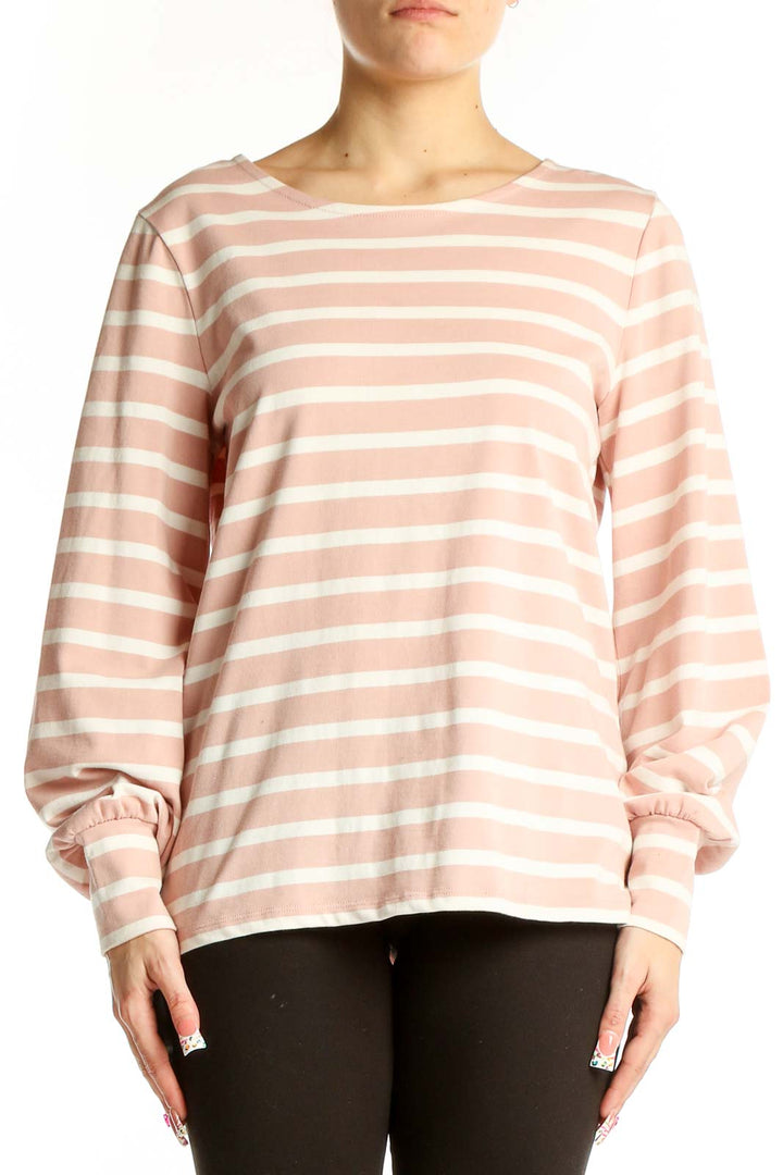 Front view of Boden pink and white striped long-sleeve cotton top