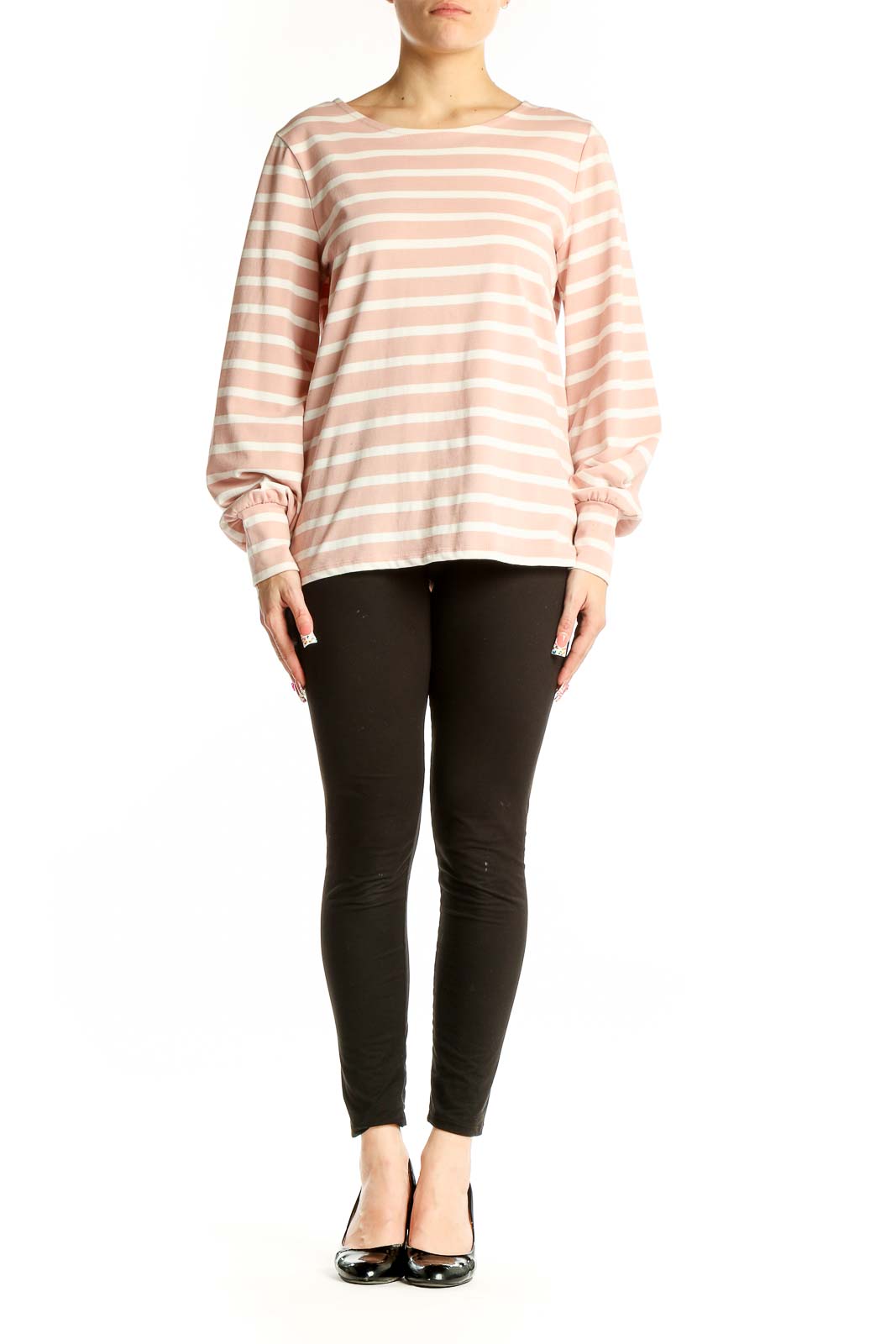 Front view of Boden pink and white striped long-sleeve cotton top