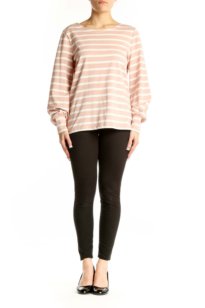 Front view of Boden pink and white striped long-sleeve cotton top