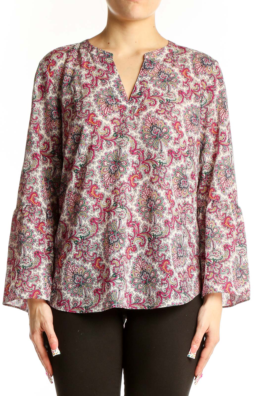 Front view of J.Crew pink floral paisley blouse with bell sleeves