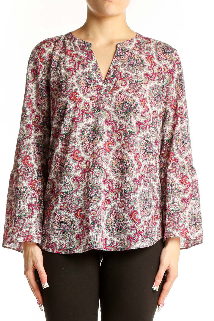 Front view of J.Crew pink floral paisley blouse with bell sleeves