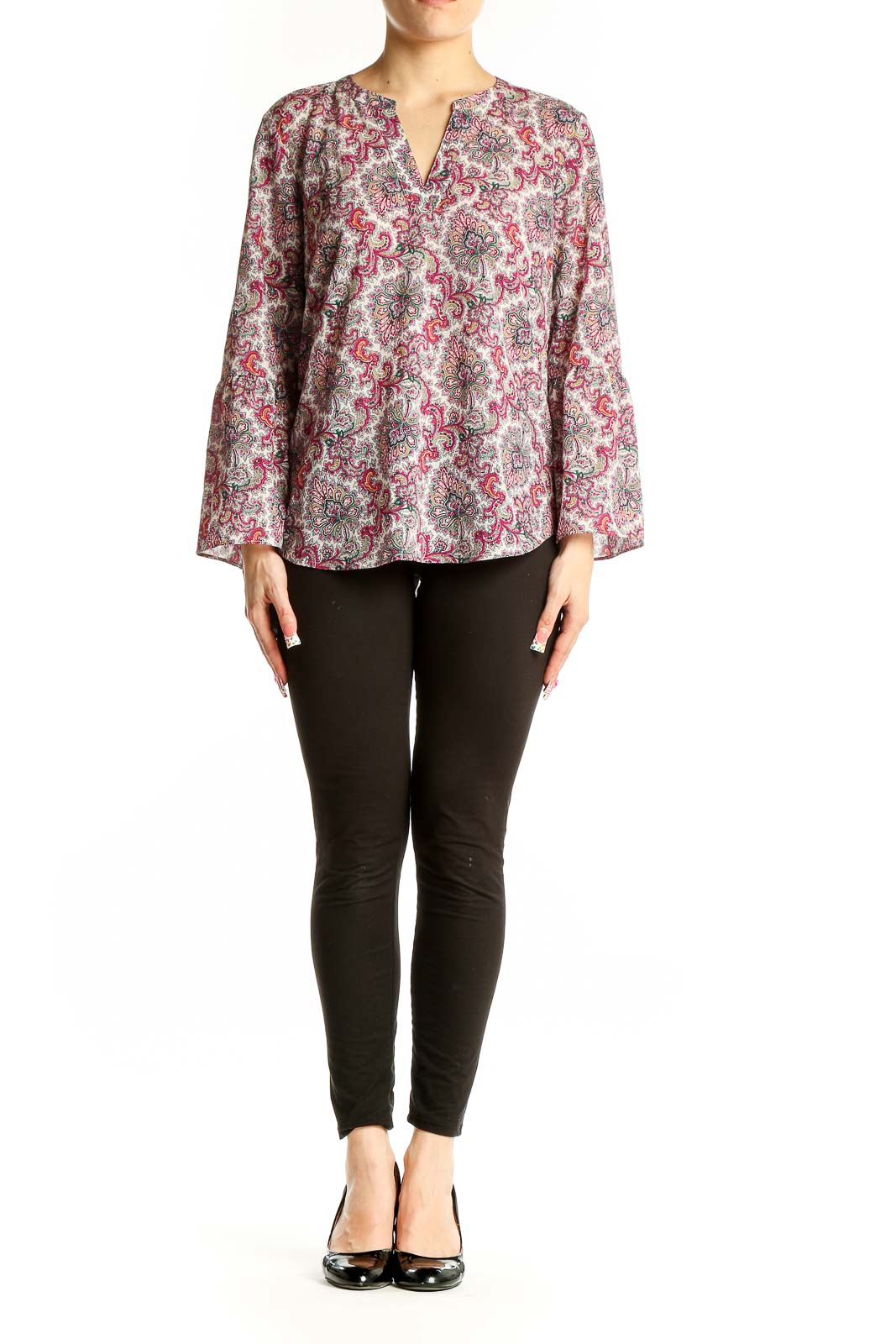 Front view of J.Crew pink floral paisley blouse with bell sleeves
