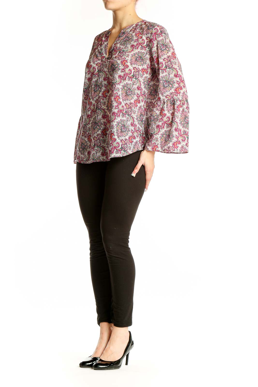 Front view of J.Crew pink floral paisley blouse with bell sleeves