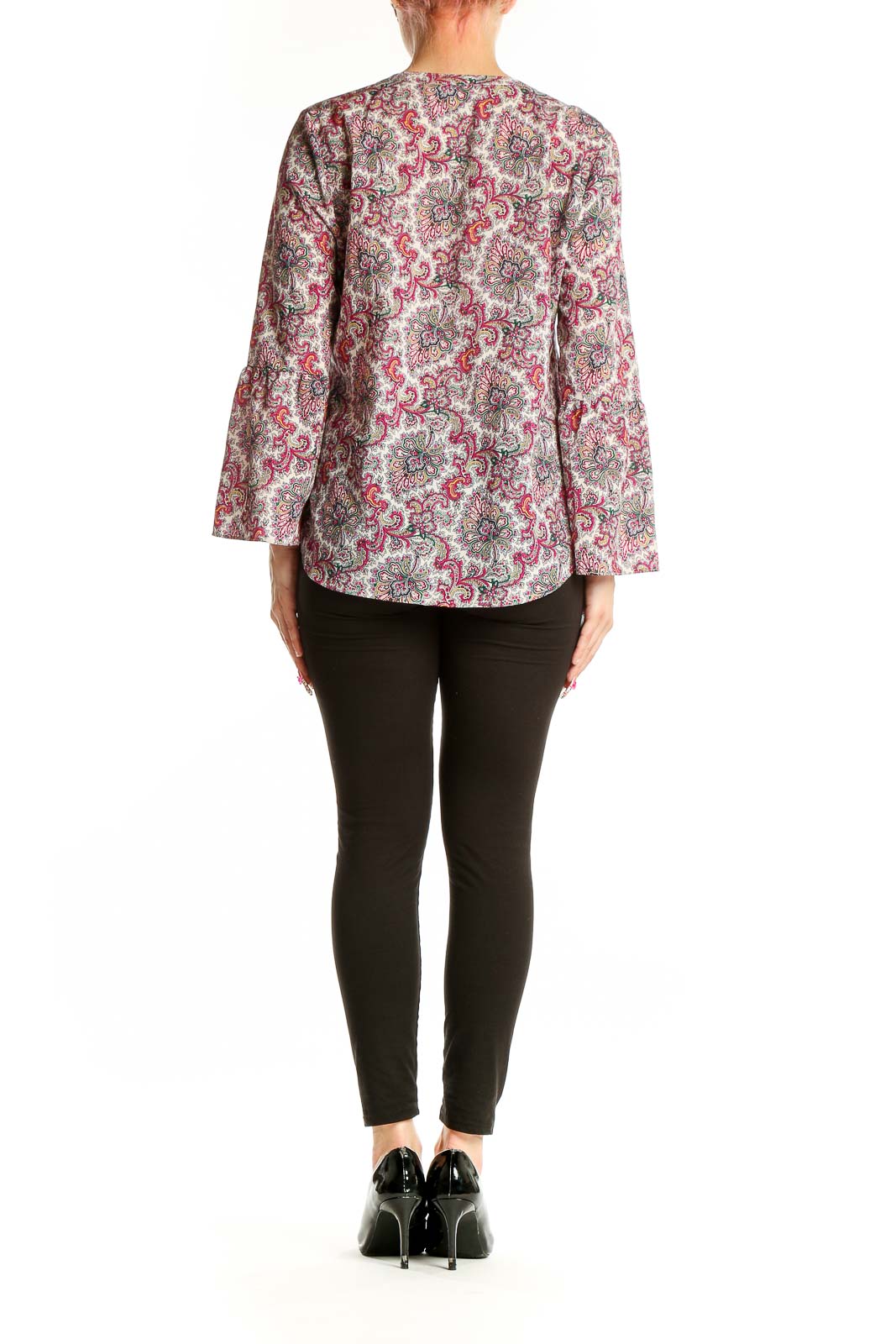 Side view of J.Crew pink floral paisley blouse showing bell sleeve detail