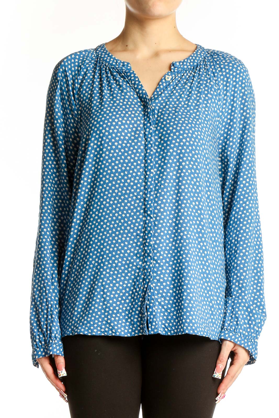 Front view of Boden blue polka dot viscose blouse with v-neckline