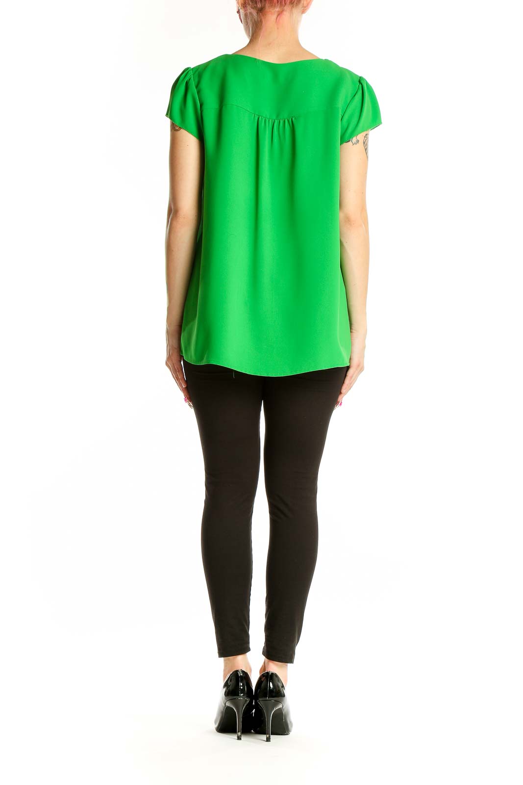 Back view of green V-neck cap sleeve blouse by Skies Are Blue