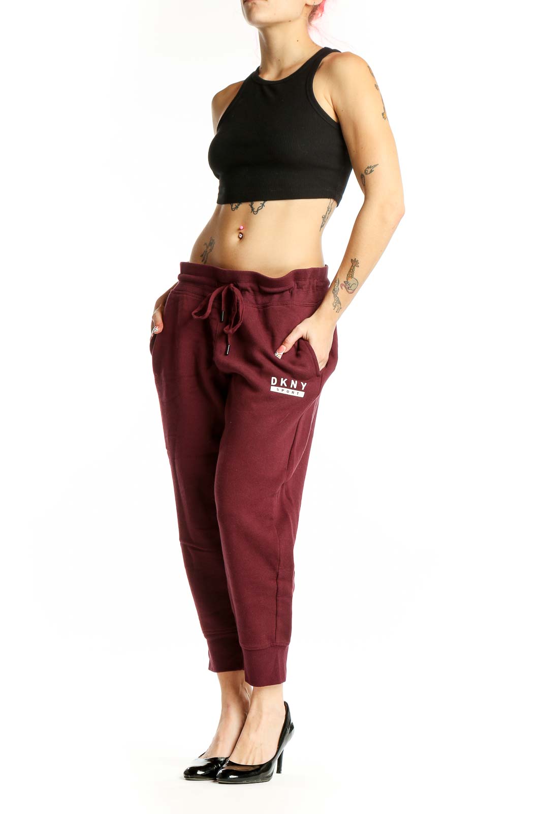 Front view of DKNY Sport burgundy cotton joggers with drawstring waist