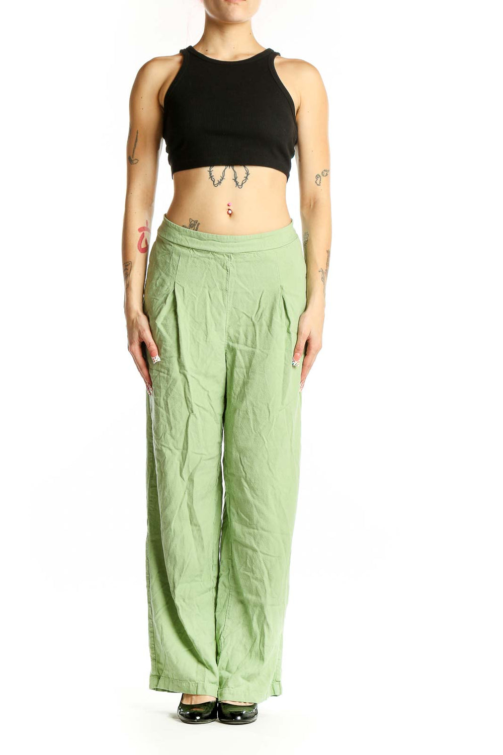 Front view of Vero Moda light green wide-leg pants with pleated waist