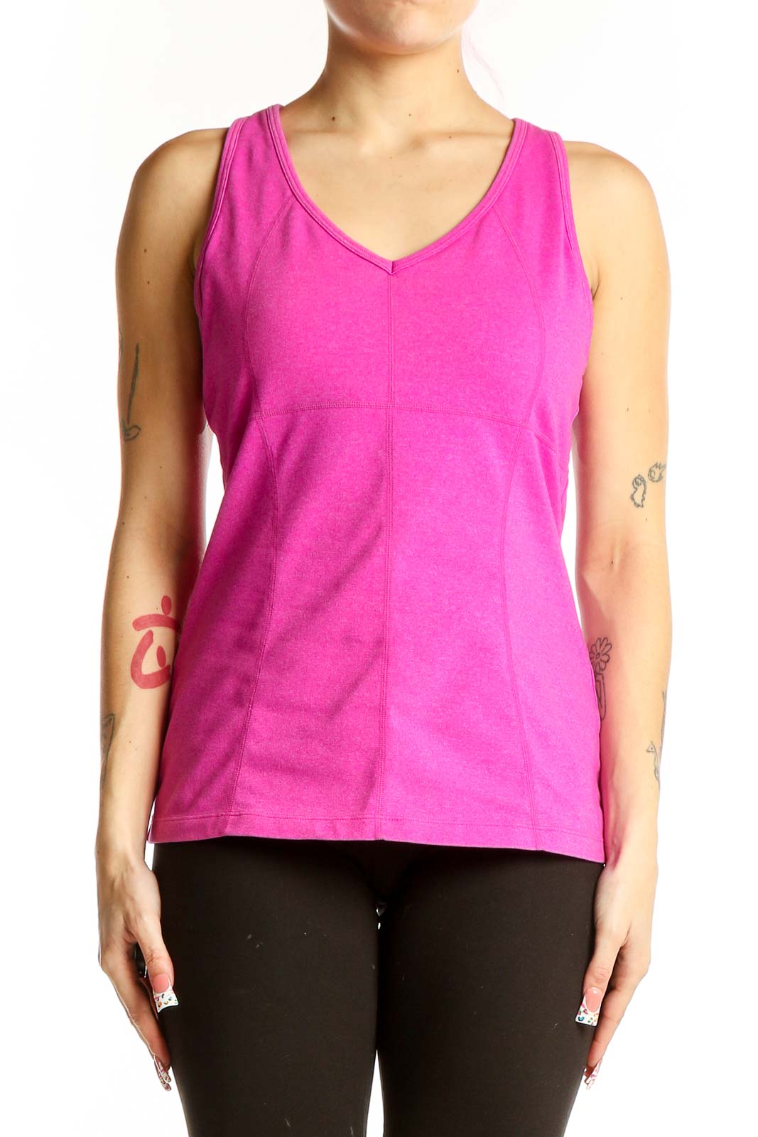 Front view of pink Athleta V-neck athletic tank top