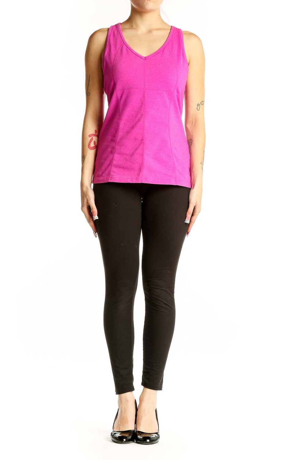 Front view of pink Athleta V-neck athletic tank top