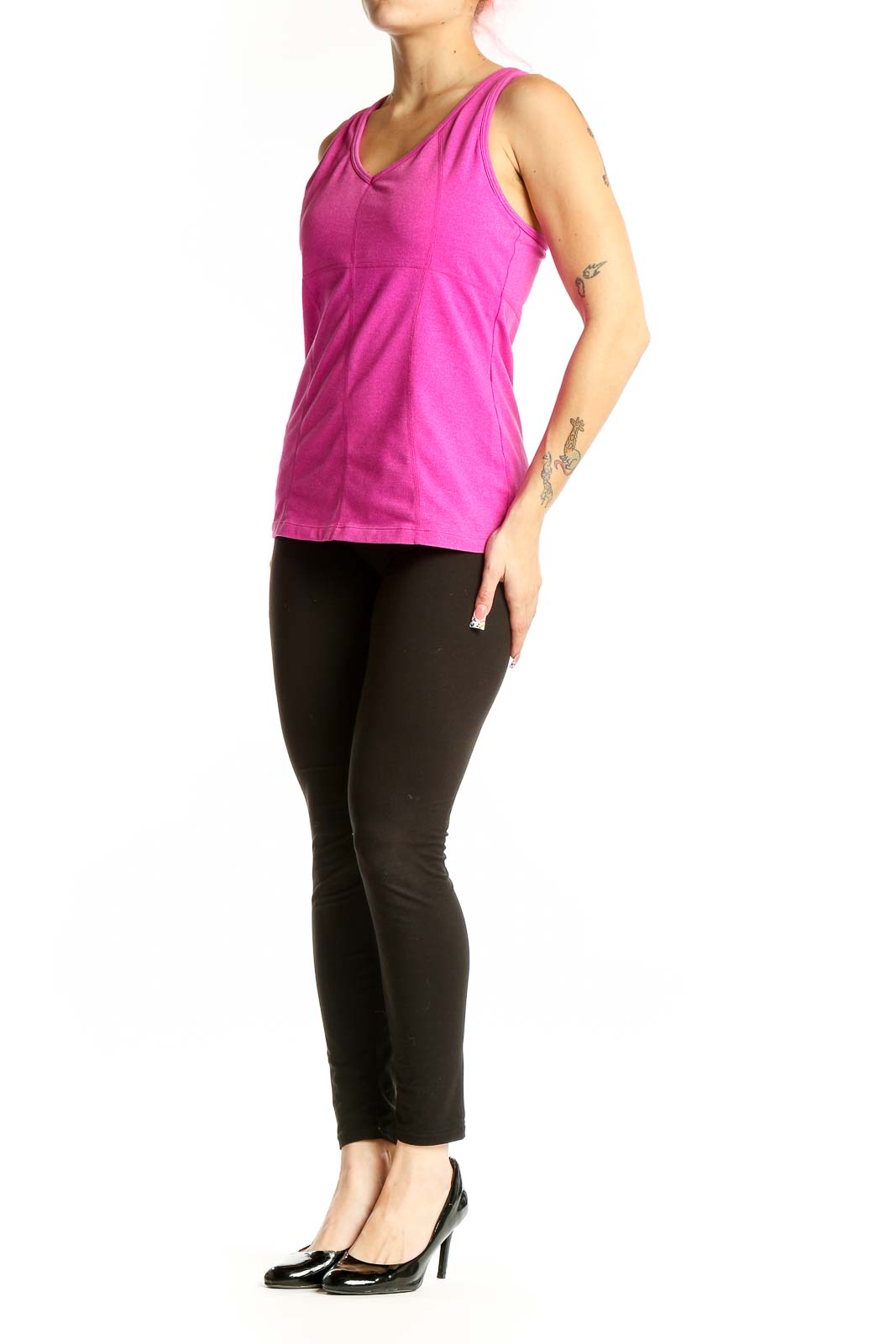Front view of pink Athleta V-neck athletic tank top