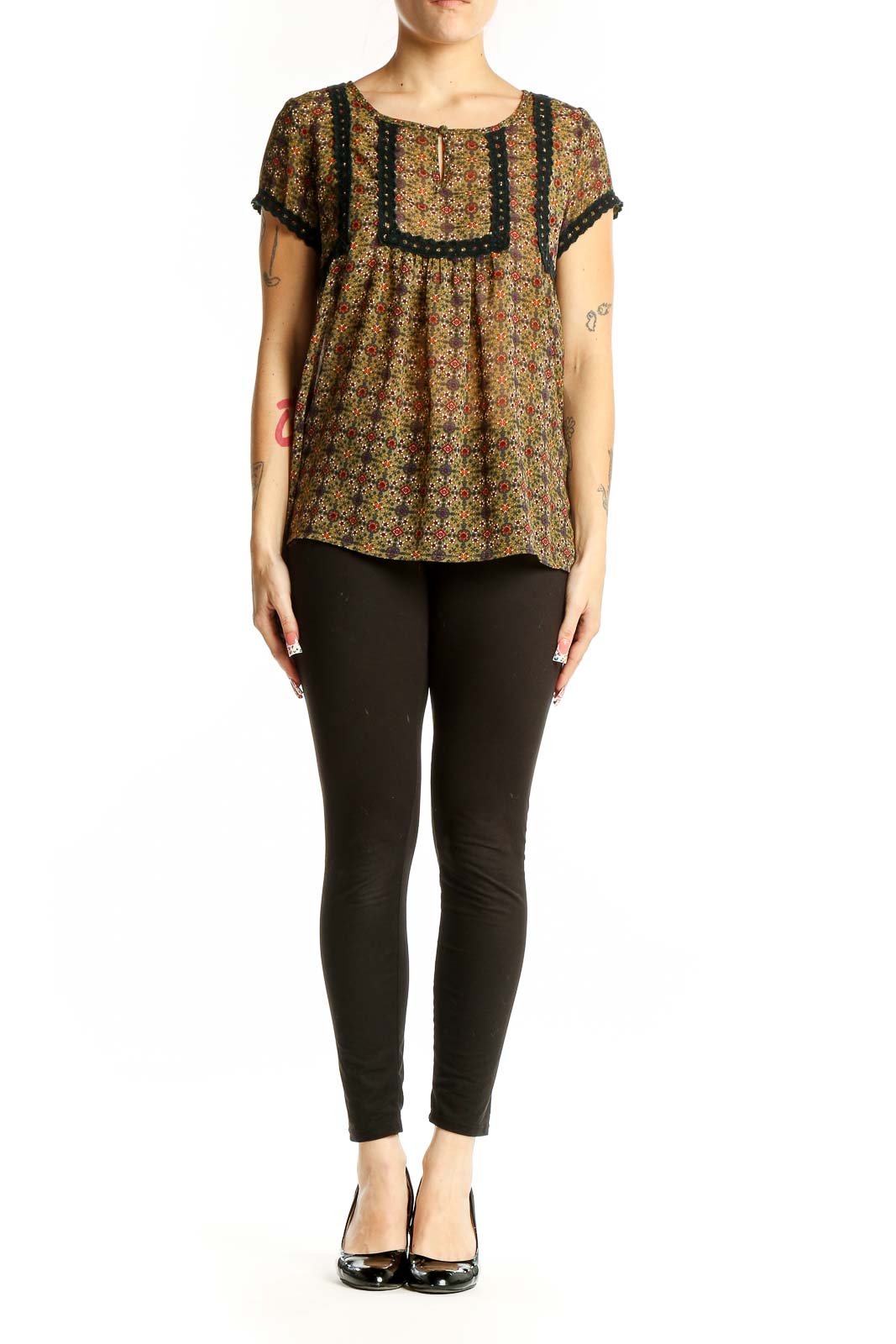 Front view of Doe & Rae olive floral print blouse with black crochet trim