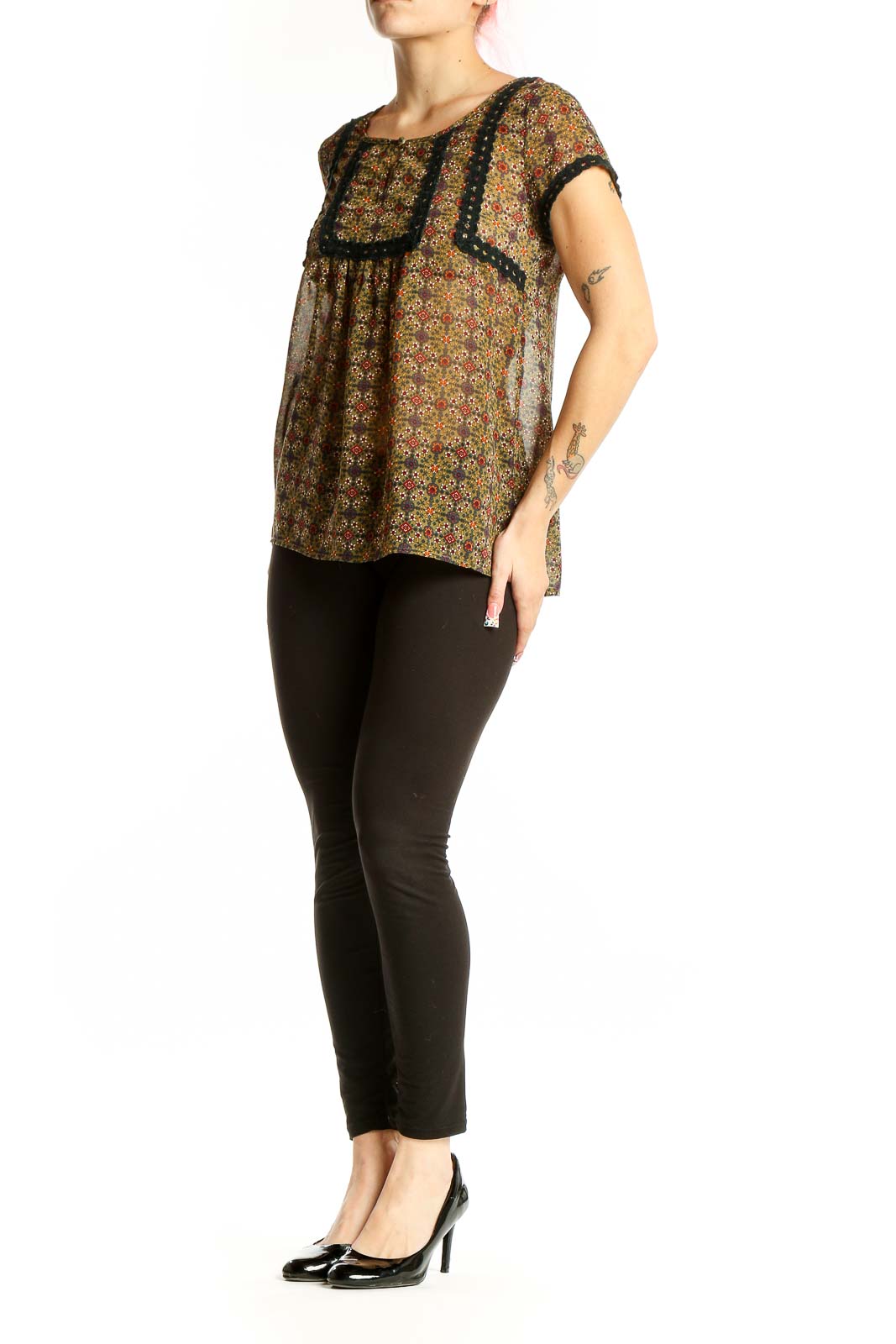 Front view of Doe & Rae olive floral print blouse with black crochet trim