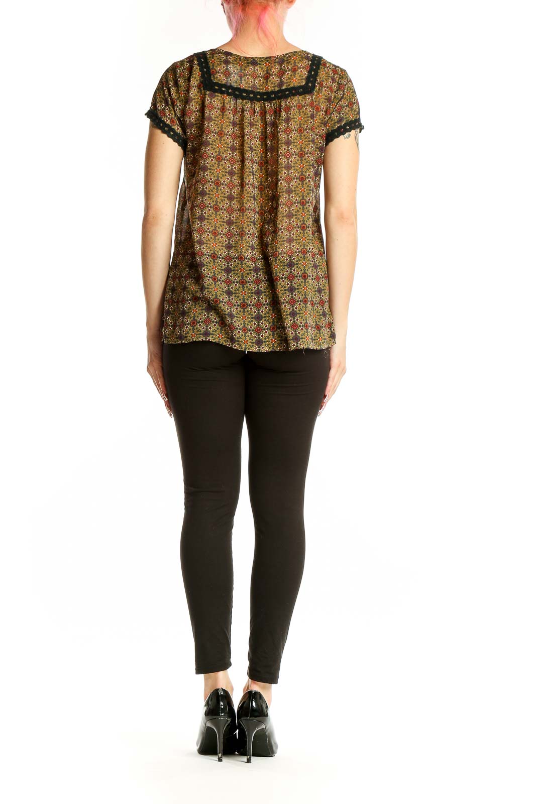 Back view of Doe & Rae olive floral print blouse showing loose fit and pattern