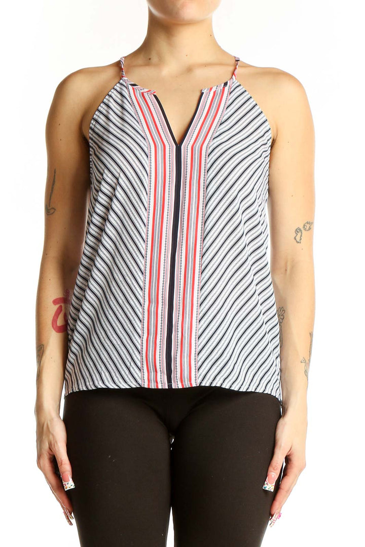 Front view of Ann Taylor LOFT Petites white striped sleeveless blouse with V-neck