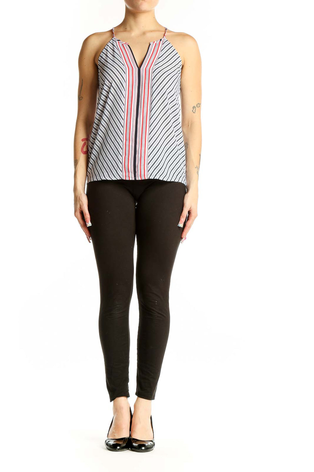 Front view of Ann Taylor LOFT Petites white striped sleeveless blouse with V-neck