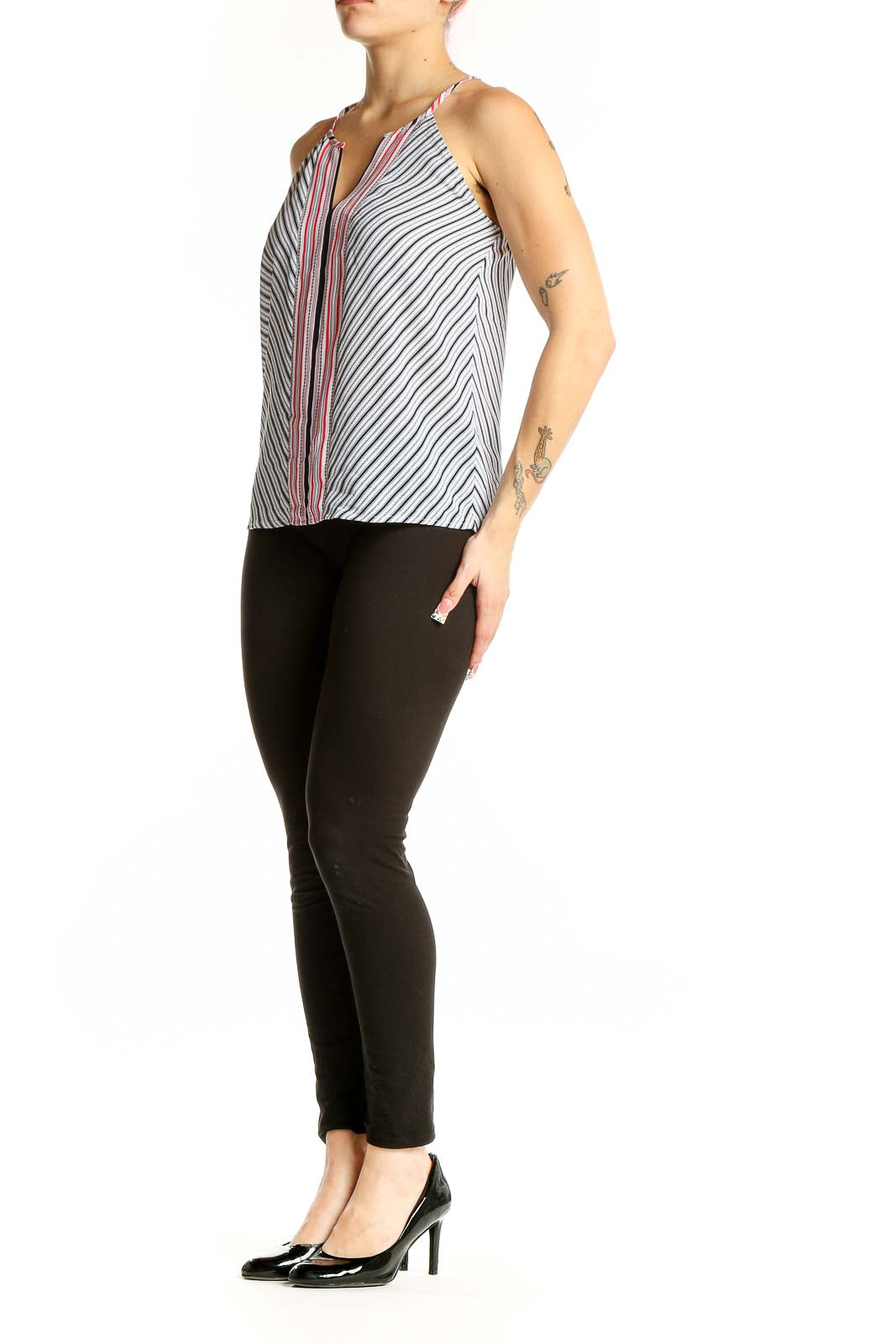 Front view of Ann Taylor LOFT Petites white striped sleeveless blouse with V-neck