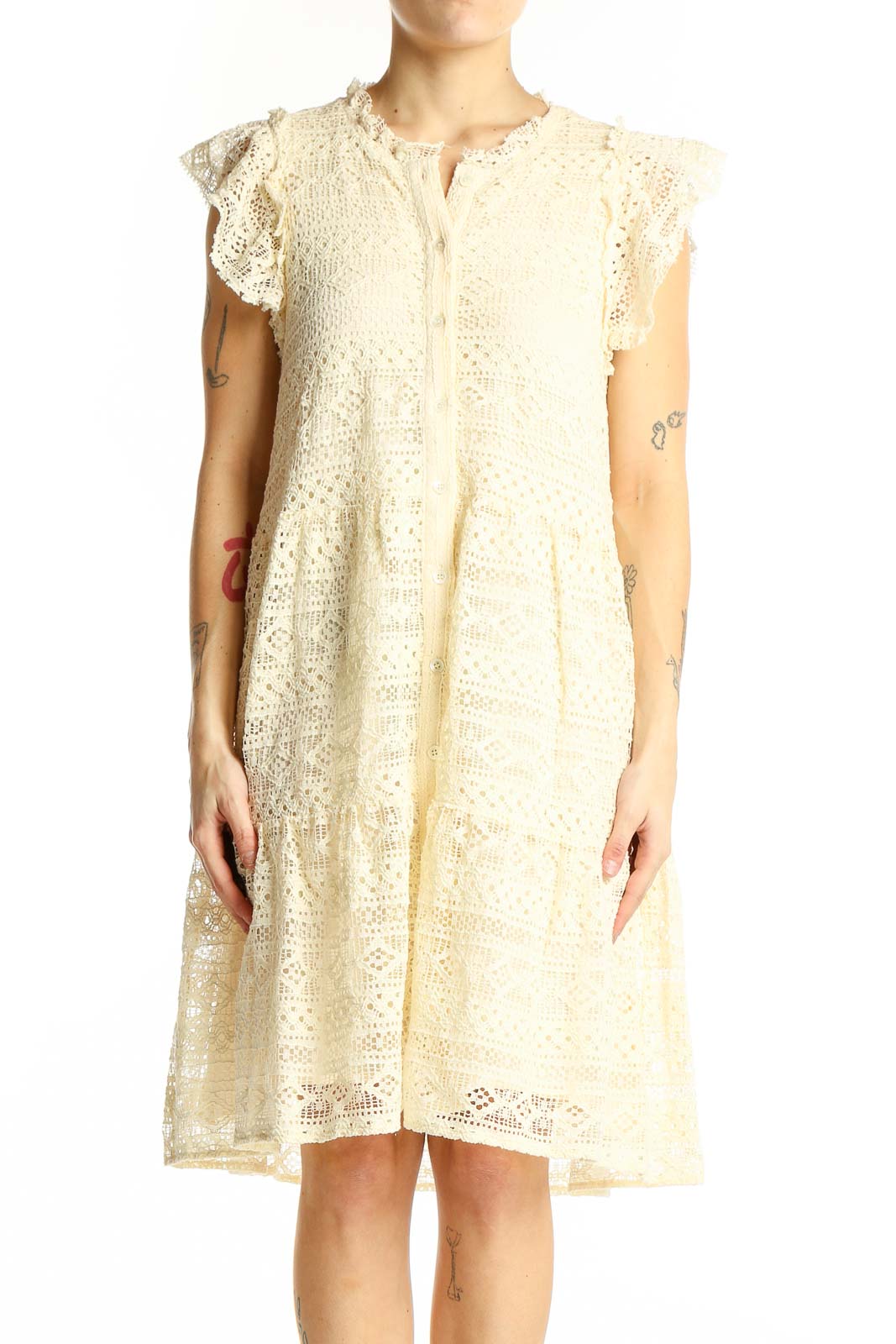 Front view of cream lace tiered midi dress with flutter sleeves