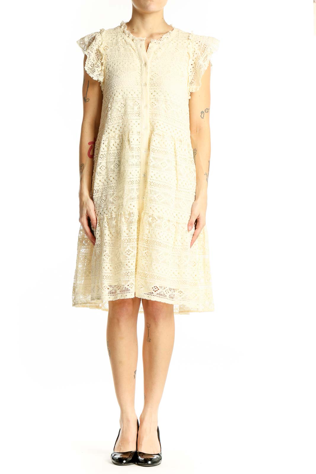 Front view of cream lace tiered midi dress with flutter sleeves