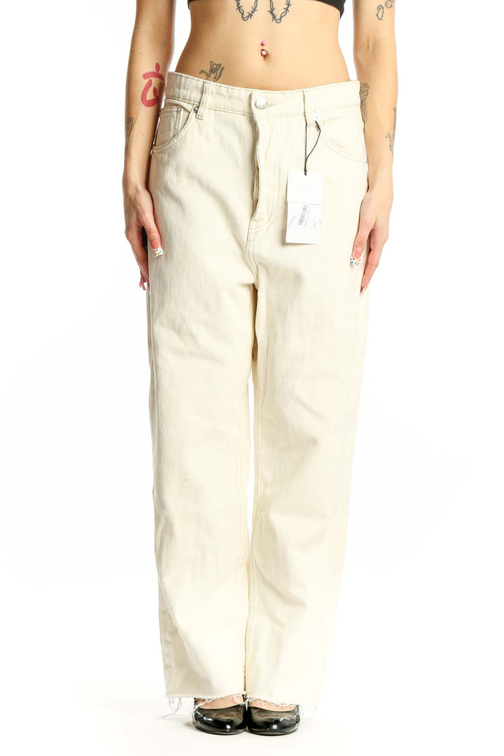 Front view of Zara cream wide-leg cotton denim jeans