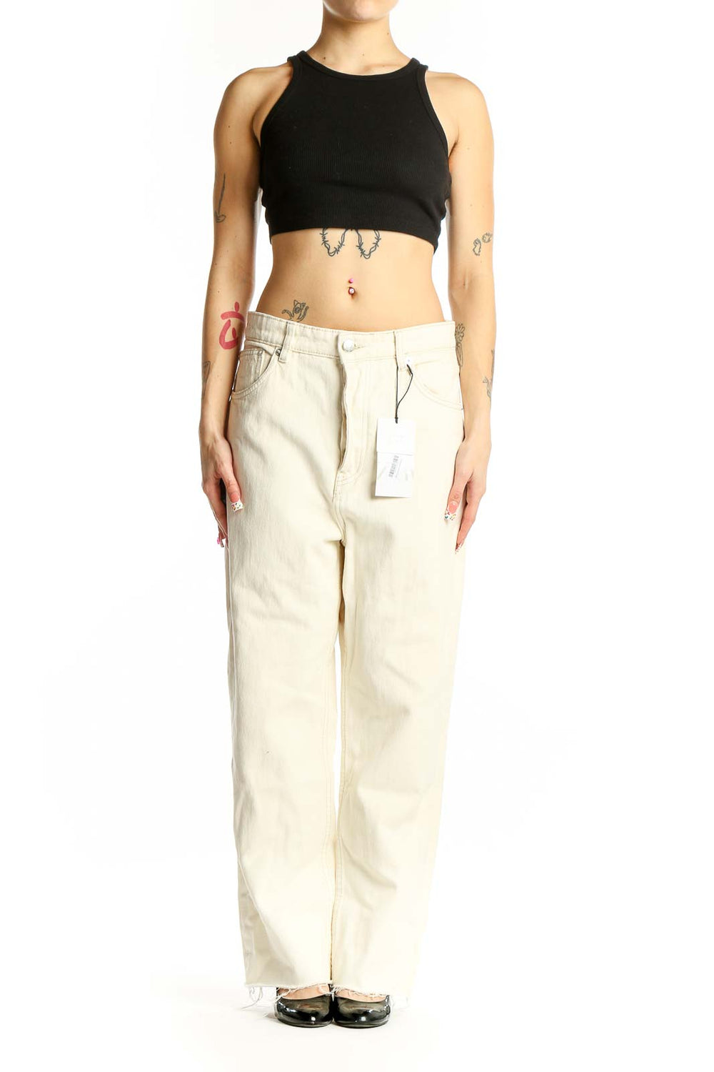 Front view of Zara cream wide-leg cotton denim jeans