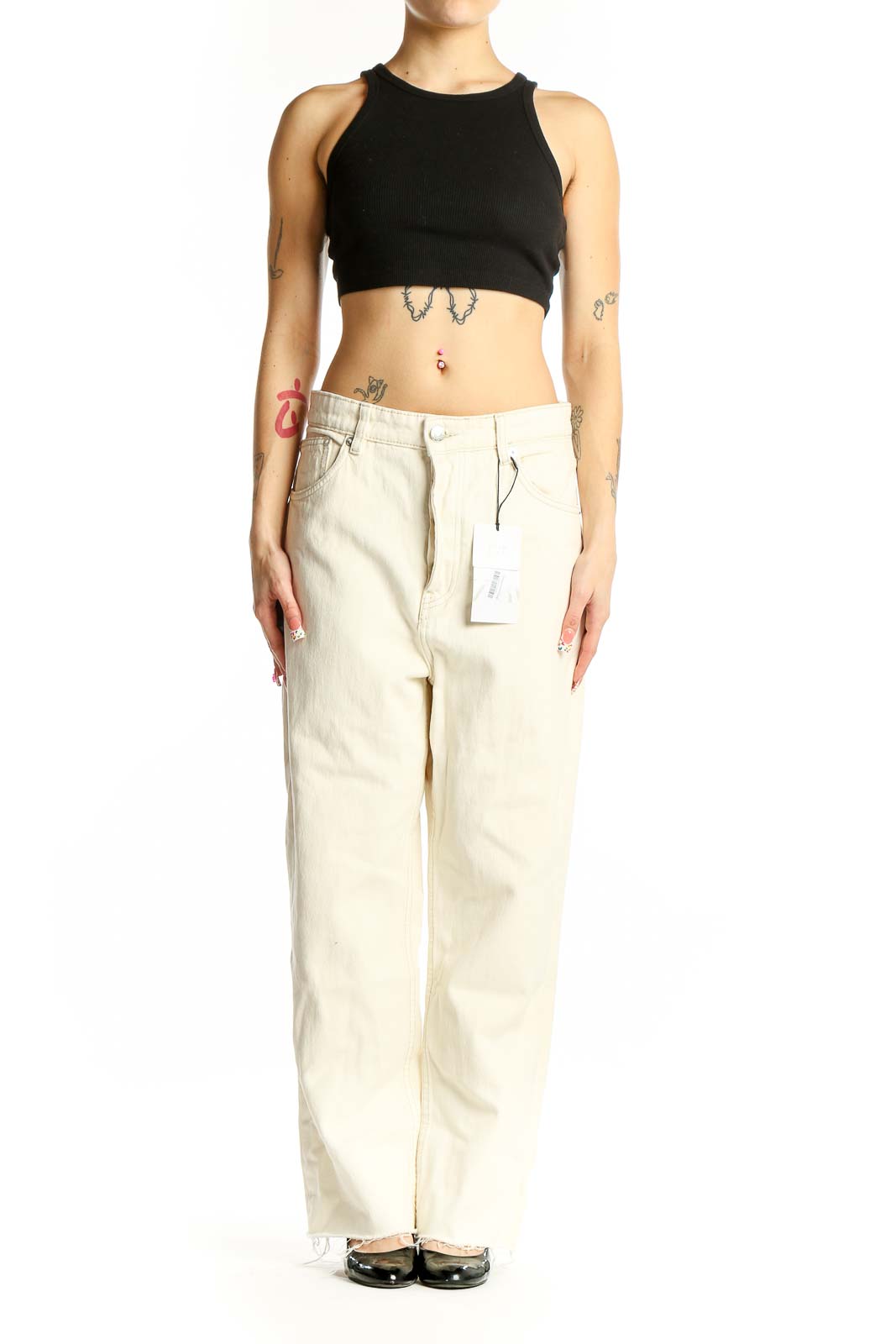 Front view of Zara cream wide-leg cotton denim jeans