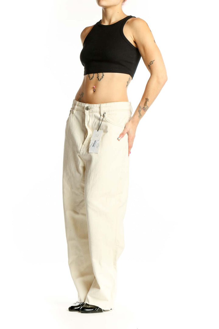 Front view of Zara cream wide-leg cotton denim jeans