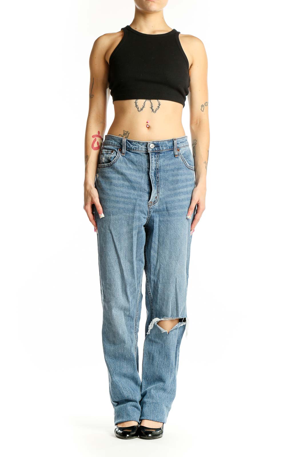 Front view of Abercrombie & Fitch light blue high-waist straight jeans with distressed knee